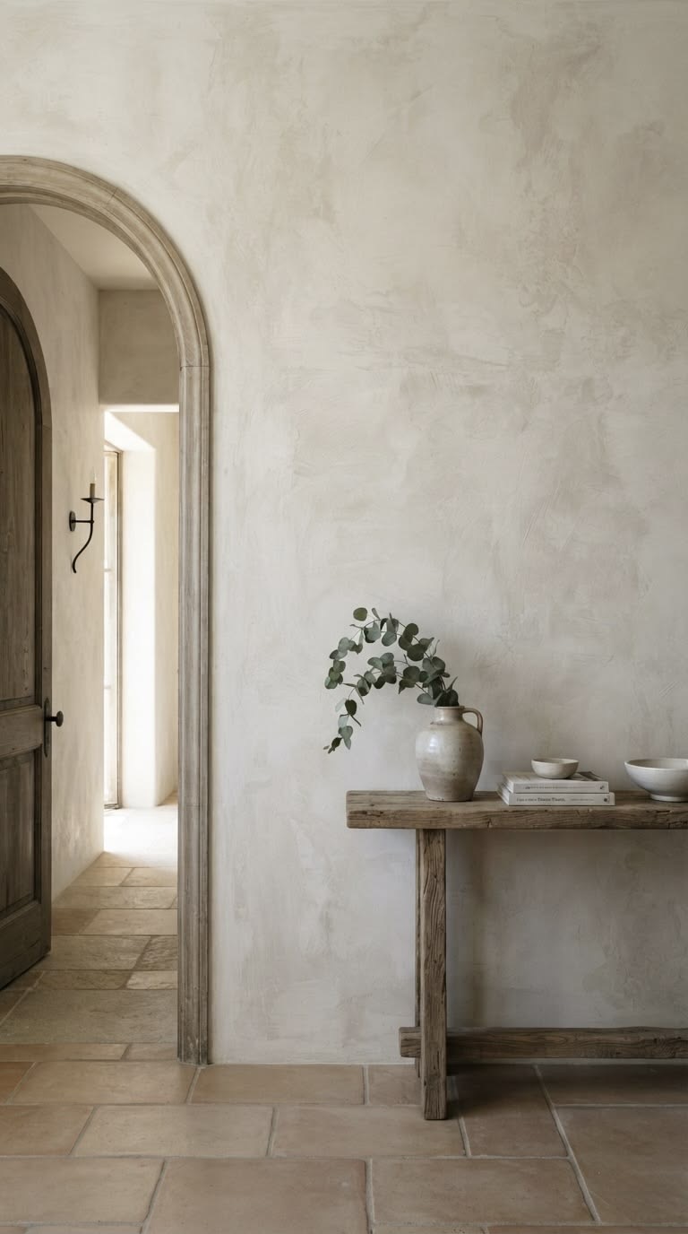 An arched stone doorway and a quiet console table in soft, neutral light