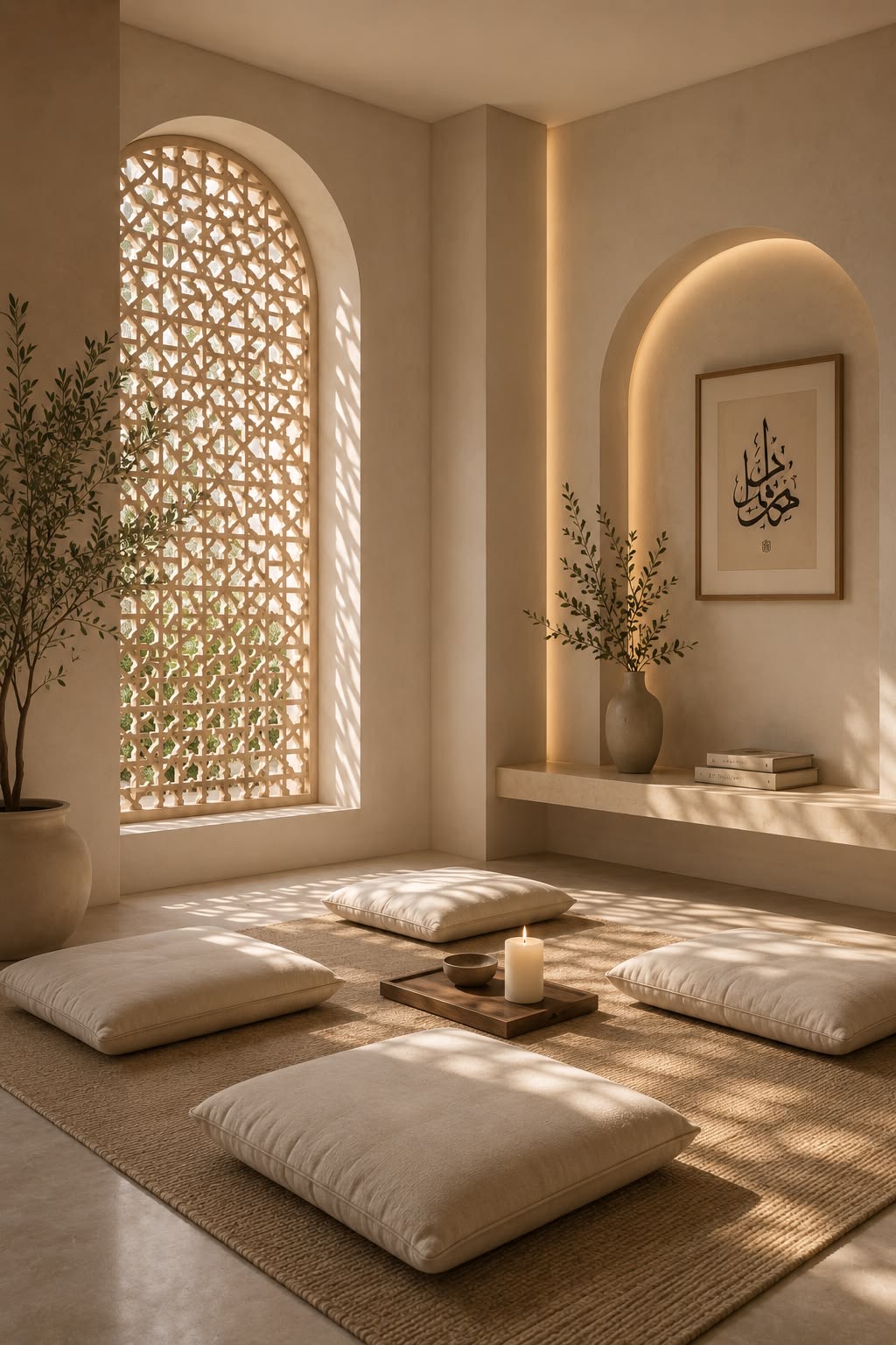 A quiet room with soft light, a chair and a low table.