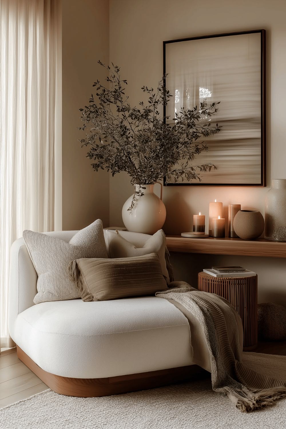 Reference imagery. A bouclé chaise in a quiet, softly lit corner.