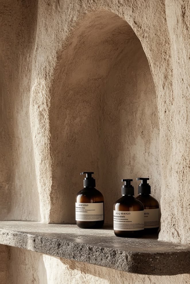 Reference imagery. An arched niche of amber apothecary bottles in warm low light.